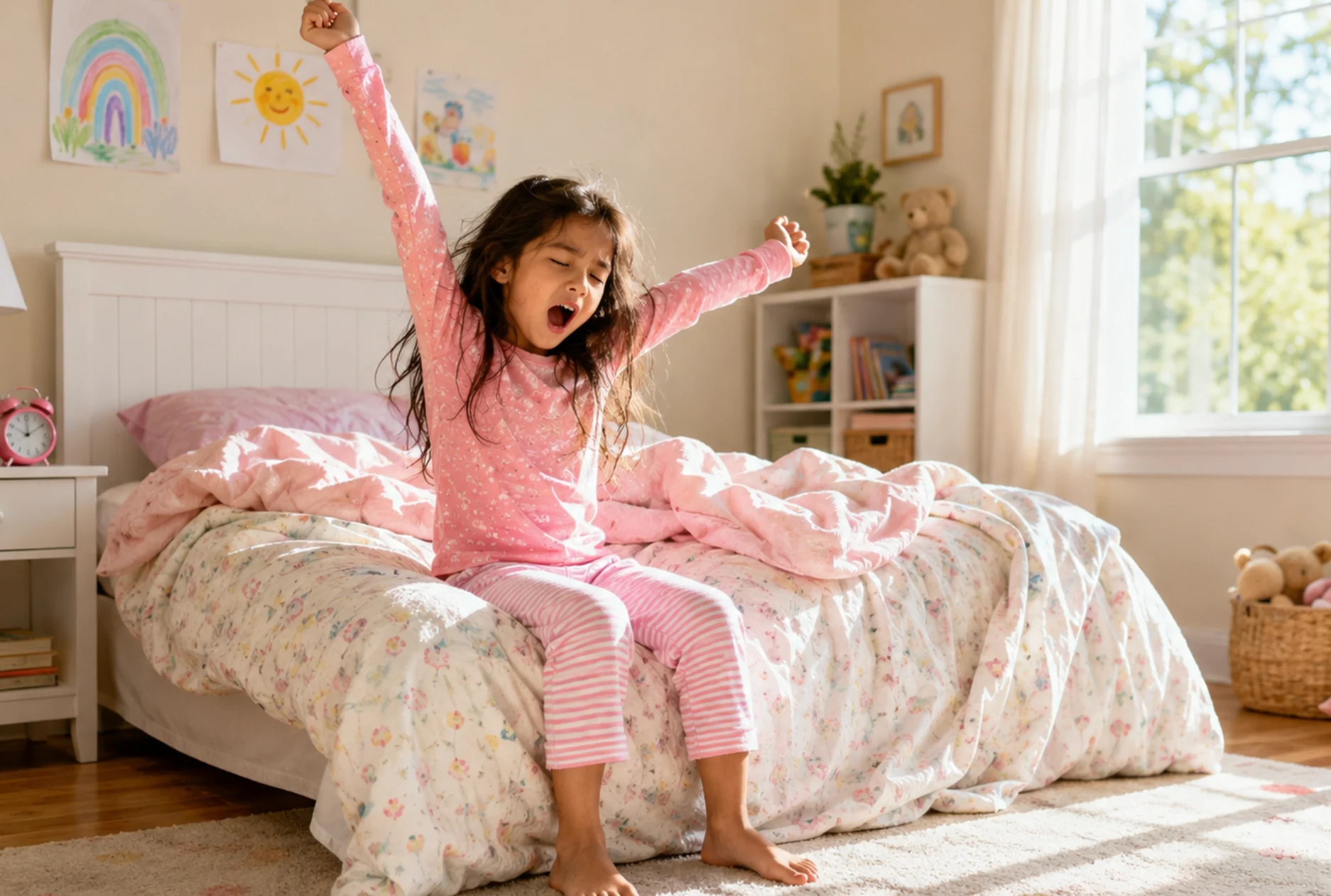 The child opens their eyes and leaves the bed in the morning.